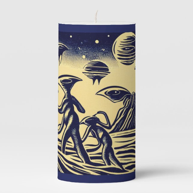 SF - Aliens On A Strange Planet Woodcut 1 Pillar Candle (Front)