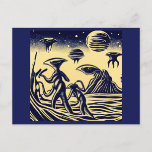 SF - Aliens On A Strange Planet Woodcut 1 Postcard