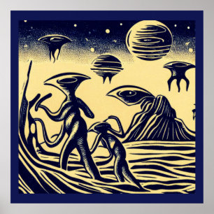 SF - Aliens On A Strange Planet Woodcut 1 Poster