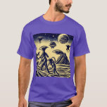 SF - Aliens On A Strange Planet Woodcut 1 T-Shirt<br><div class="desc">Step into a world of imagination and wonder with this unique digital artwork! This piece, done in a striking woodblock style, transports you to an alien landscape teeming with otherworldly creatures. The landscape is set against the backdrop of a large planet. This one-of-a-kind piece is not just an artwork, but...</div>