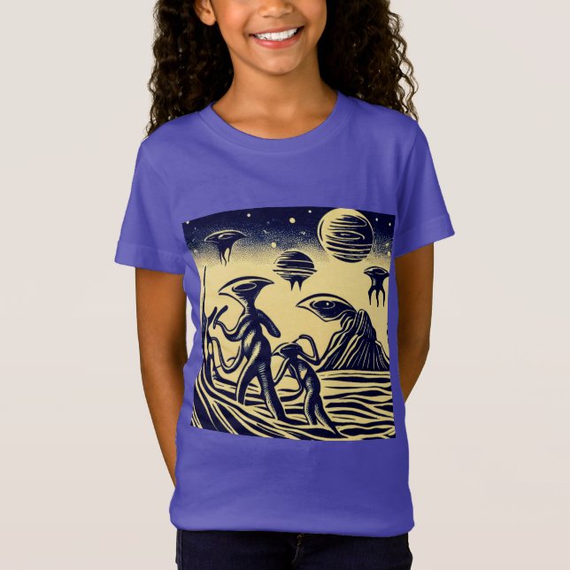 SF - Aliens On A Strange Planet Woodcut 1 T-Shirt (Front)