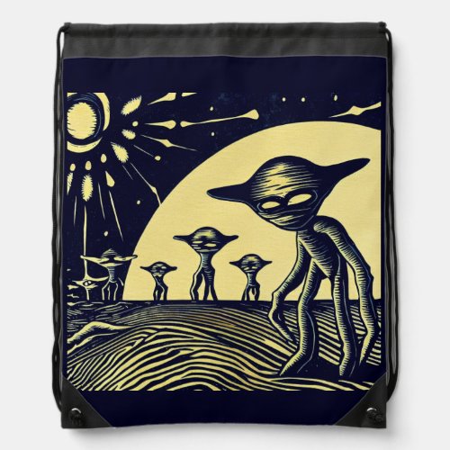 SF _ Aliens On A Strange Planet Woodcut 2 Drawstring Bag