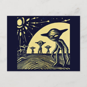 SF - Aliens On A Strange Planet Woodcut 2 Postcard