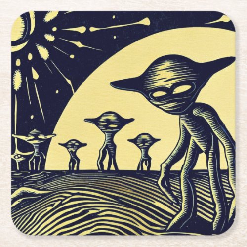 SF _ Aliens On A Strange Planet Woodcut 2 Square Paper Coaster