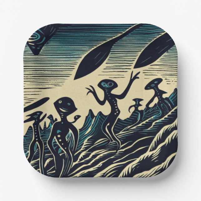 SF - Aliens On A Strange Planet Woodcut 3 Paper Plates (Front)