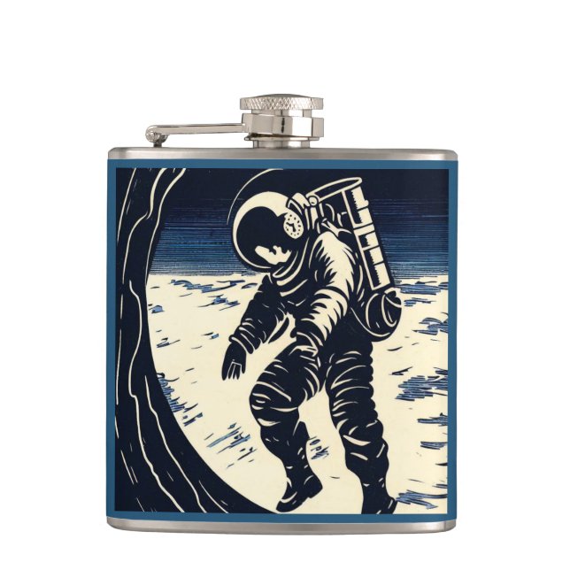 SF - Astronaut on Spacewalk Woodcut 3 Flask (Front)