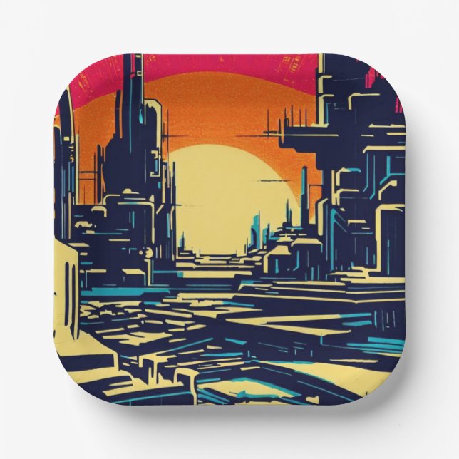 SF Futuristic City Woodcut 1 Paper Plates (Front)