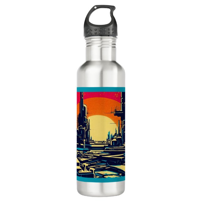 SF Futuristic City Woodcut 1 Stainless Steel Water Bottle (Front)
