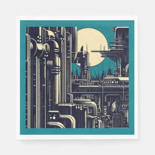 SF Futuristic City Woodcut 2 Napkins