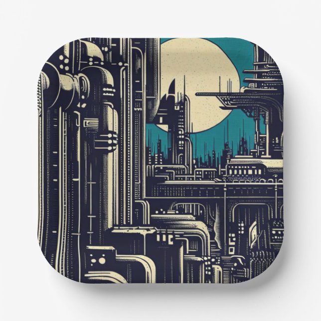 SF Futuristic City Woodcut 2 Paper Plates (Front)