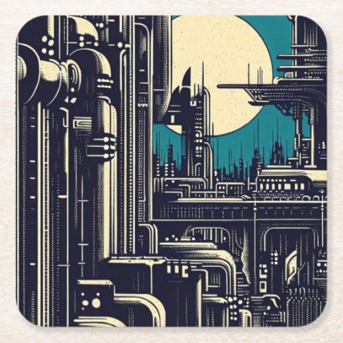 SF Futuristic City Woodcut 2 Square Paper Coaster