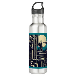 SF Futuristic City Woodcut 2 Stainless Steel Water Bottle