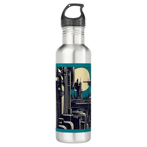 SF Futuristic City Woodcut 2 Stainless Steel Water Bottle