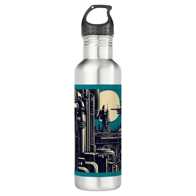 SF Futuristic City Woodcut 2 Stainless Steel Water Bottle (Front)