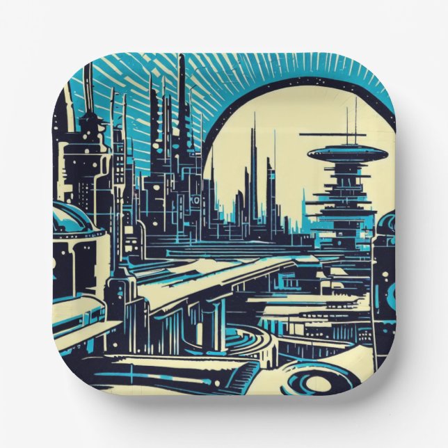 SF Futuristic City Woodcut 3 Paper Plates (Front)