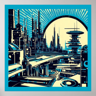 SF Futuristic City Woodcut 3 Poster
