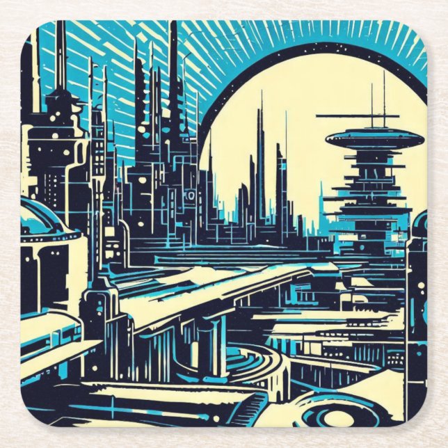 SF Futuristic City Woodcut 3 Square Paper Coaster (Front)