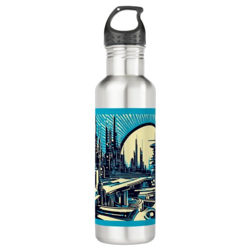 SF Futuristic City Woodcut 3 Stainless Steel Water Bottle