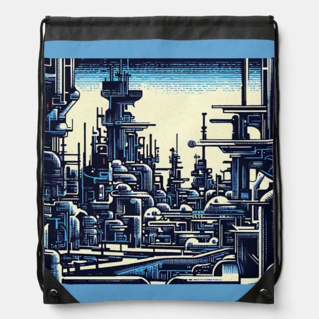 SF Futuristic City Woodcut 4 Drawstring Bag (Front)