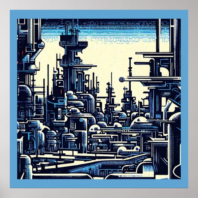SF Futuristic City Woodcut 4 Poster (Front)