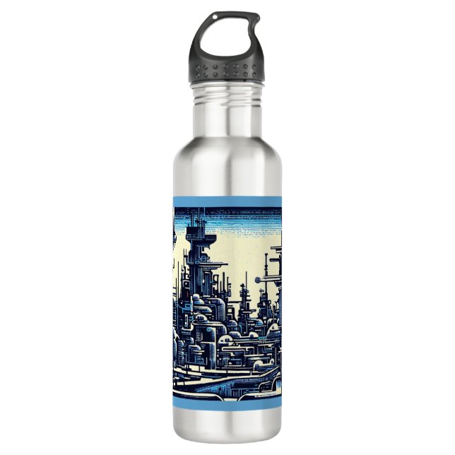 SF Futuristic City Woodcut 4 Stainless Steel Water Bottle (Front)