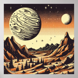 SF Mars Landscape Woodcut 1 Poster