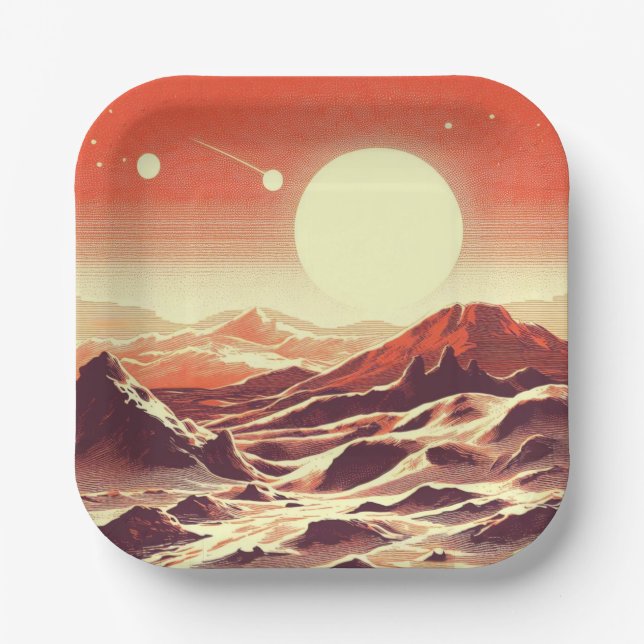 SF Mars Landscape Woodcut 2 Paper Plates (Front)