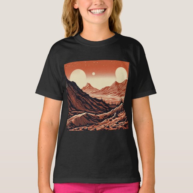 SF Mars Landscape Woodcut 4 T-Shirt (Front)