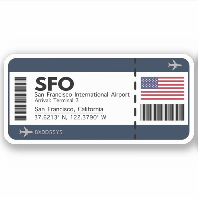 SFO San Francisco Boarding Pass -California Travel Sticker (Front)