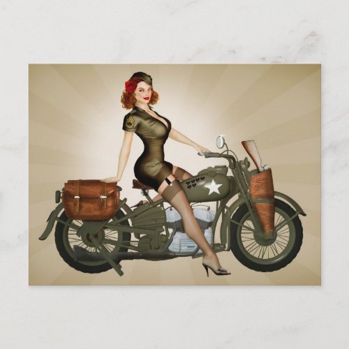 Sgt Davidson Army Motorcycle Pinup Postcard