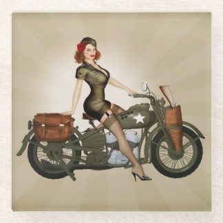 Sgt. Davidson Army Motorcycle Pinup Thank You Card Glass Coaster