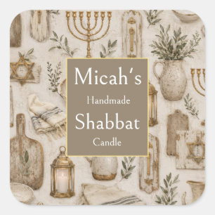 Shabbat Candle Label, Judaica Aesthetic Rustic Art Square Sticker