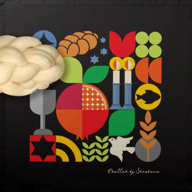 Shabbat Geometrics Black Challah Dough Cover & Cloth Napkin (Creator Uploaded)