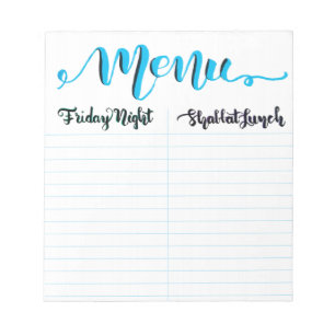 Shabbat Shabbos Menu Notepad