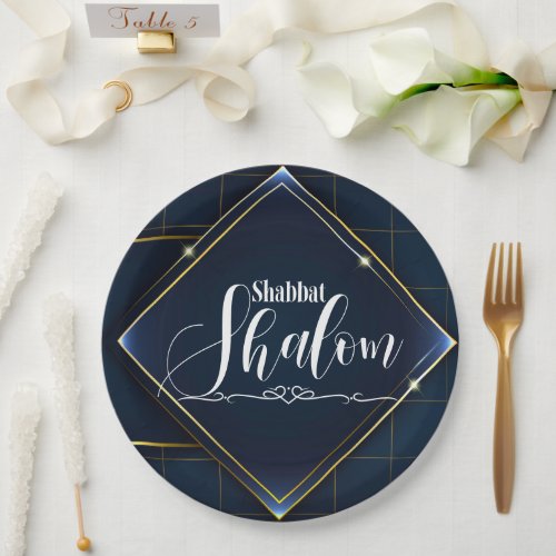Shabbat Shalom Blue Gold Geometric Polygonal Lines Paper Plates