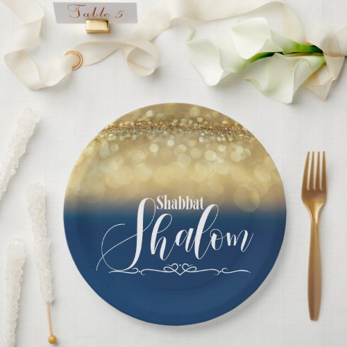 Shabbat Shalom Blue Gold Glitter Sparkle Glam Luxe Paper Plates