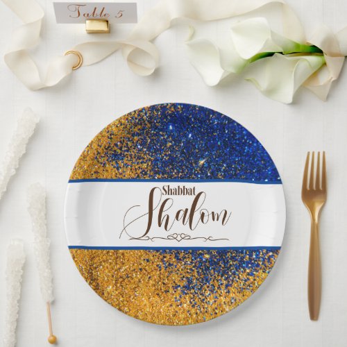 Shabbat Shalom Blue Gold Shiny Glitter Sparkle Lux Paper Plates