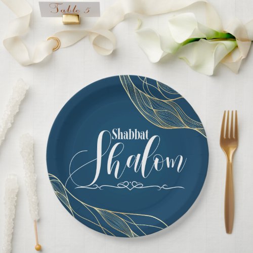 Shabbat Shalom Blue Gold Wavy Spiral Lines Luxury Paper Plates