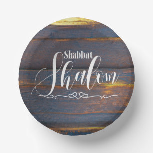 Shabbat Shalom Blue Gold Wooden Weathered Wood Paper Bowls