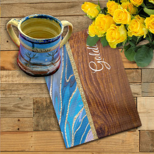 Shabbat Shalom Blue Marble on Wood Effect Kitchen Towel