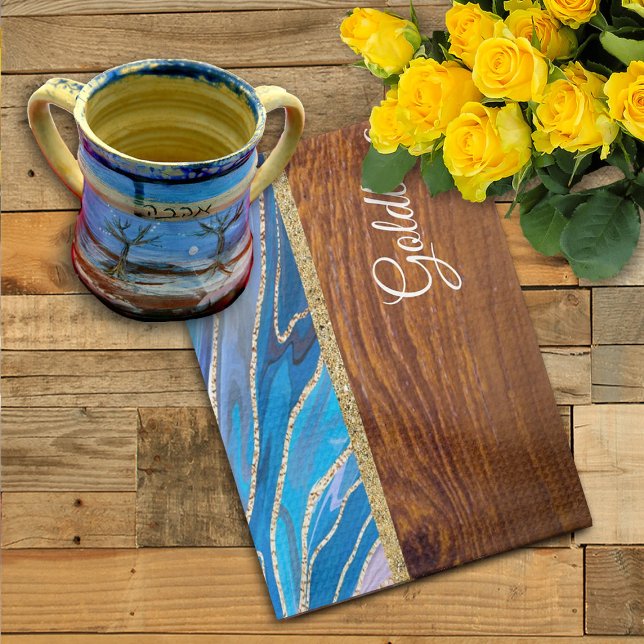 Shabbat Shalom Blue Marble on Wood Effect Kitchen Towel (Creator Uploaded)