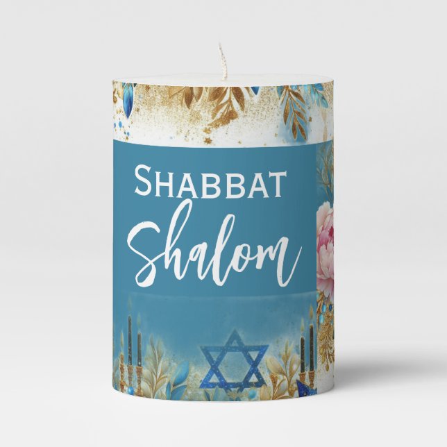 Shabbat Shalom Candle Blue White Gold Blue  (Front)