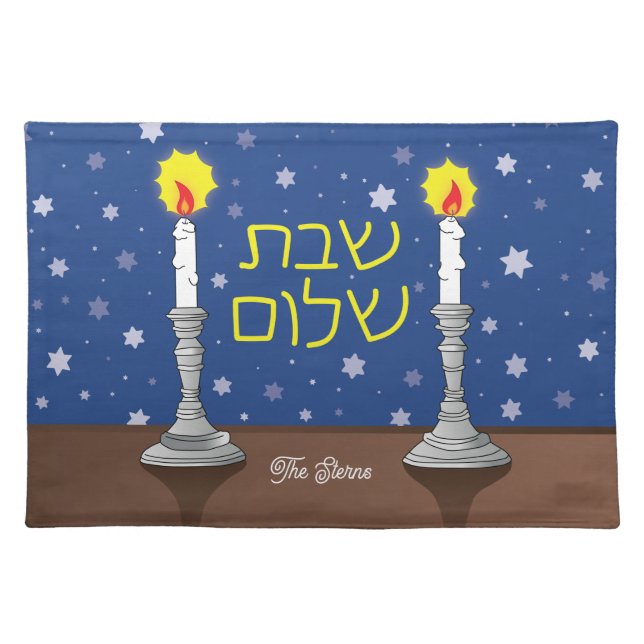 Shabbat Shalom Candles - Cloth Placemat (Front)