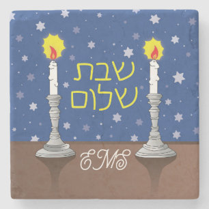 Shabbat Shalom Candles with Stars Stone Coaster