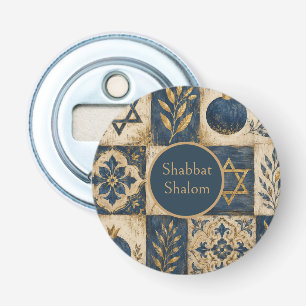 Shabbat Shalom Circular Button Patch, Blue Gold Bottle Opener