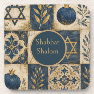 Shabbat Shalom Coaster, Navy Blue Gold Judaica, Beverage Coaster