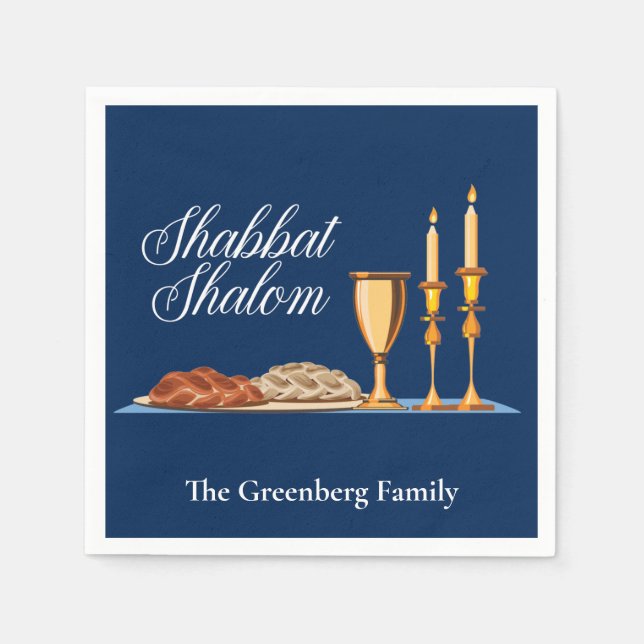 Shabbat Shalom Custom Blue Sabbath Dinner Napkins (Front)