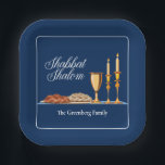 Shabbat Shalom Custom Blue Sabbath Dinner Paper Plates<br><div class="desc">Shabbat Shalom paper plate in beautiful blue with elegant write script above a lovely Shabbat dinner setting with challah bread,  wine,  and candles. May you have many blessings. Personalize this party decor with your family name for a good Sabbath.</div>