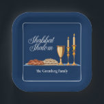 Shabbat Shalom Custom Blue Sabbath Dinner Paper Plates<br><div class="desc">Shabbat Shalom paper plate in beautiful blue with elegant write script above a lovely Shabbat dinner setting with challah bread,  wine,  and candles. May you have many blessings. Personalize this party decor with your family name for a good Sabbath.</div>
