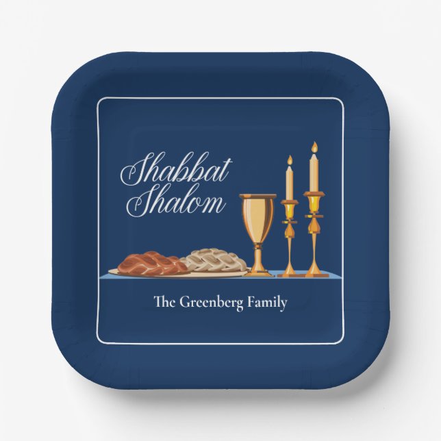 Shabbat Shalom Custom Blue Sabbath Dinner Paper Plates (Front)